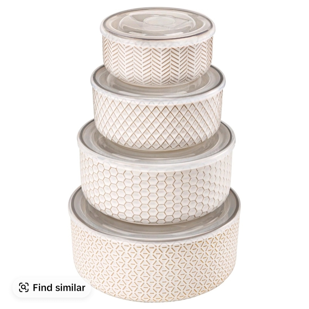 Set of Patterned Cream Storage Bowls